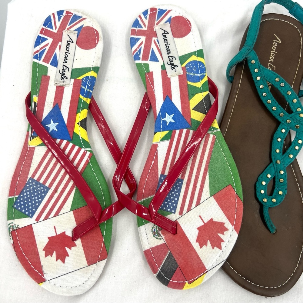 American Eagle Women's Sandals - Red and Teal Size 12 - Picture 2 of 6